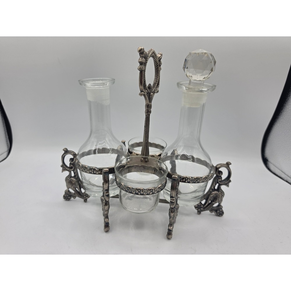 Vtg Ornate Silver Tone Metal and Glass 4 Piece Cruet Set with Birds Caddy